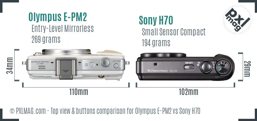 Olympus E-PM2 vs Sony H70 top view buttons comparison