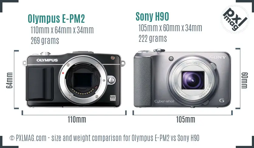 Olympus E-PM2 vs Sony H90 size comparison