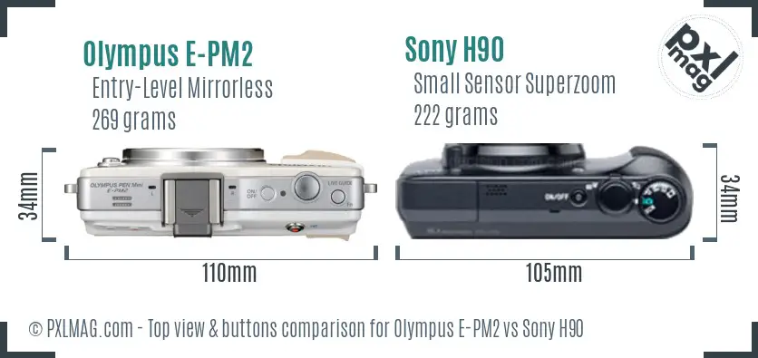 Olympus E-PM2 vs Sony H90 top view buttons comparison