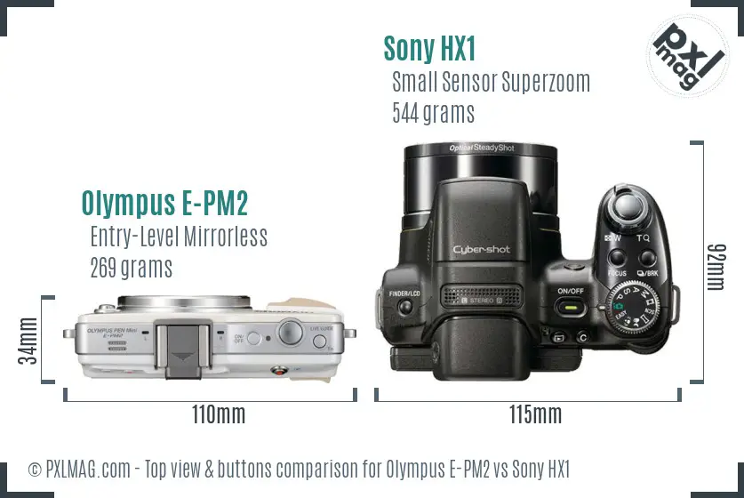 Olympus E-PM2 vs Sony HX1 top view buttons comparison