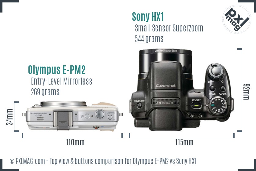 Olympus E-PM2 vs Sony HX1 top view buttons comparison