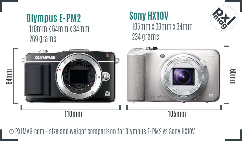 Olympus E-PM2 vs Sony HX10V size comparison