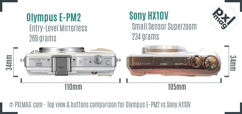 Olympus E-PM2 vs Sony HX10V top view buttons comparison