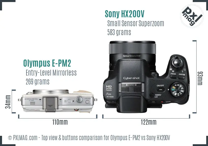 Olympus E-PM2 vs Sony HX200V top view buttons comparison