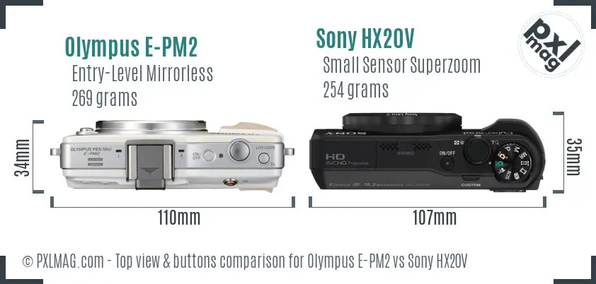 Olympus E-PM2 vs Sony HX20V top view buttons comparison
