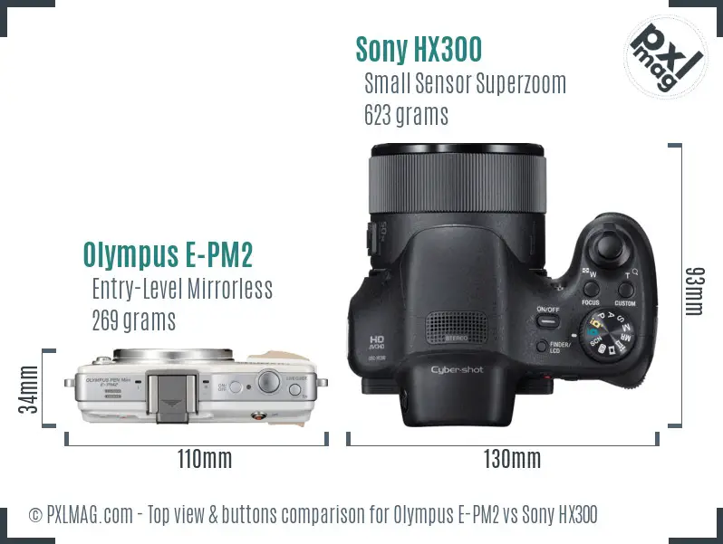 Olympus E-PM2 vs Sony HX300 top view buttons comparison