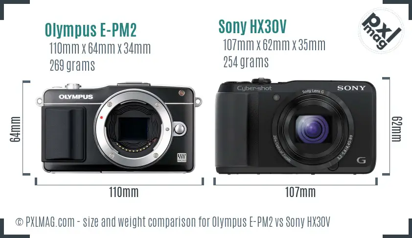 Olympus E-PM2 vs Sony HX30V size comparison
