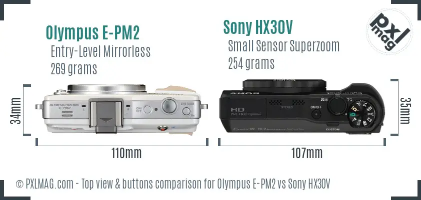 Olympus E-PM2 vs Sony HX30V top view buttons comparison