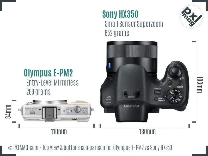 Olympus E-PM2 vs Sony HX350 top view buttons comparison