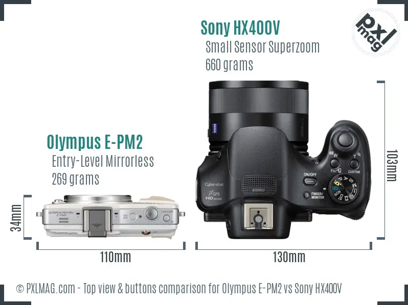 Olympus E-PM2 vs Sony HX400V top view buttons comparison