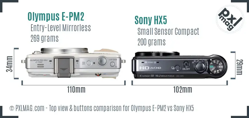 Olympus E-PM2 vs Sony HX5 top view buttons comparison