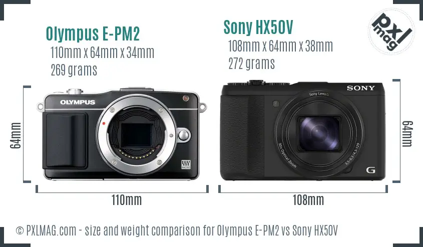 Olympus E-PM2 vs Sony HX50V size comparison