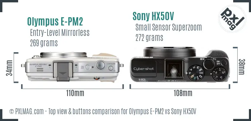 Olympus E-PM2 vs Sony HX50V top view buttons comparison
