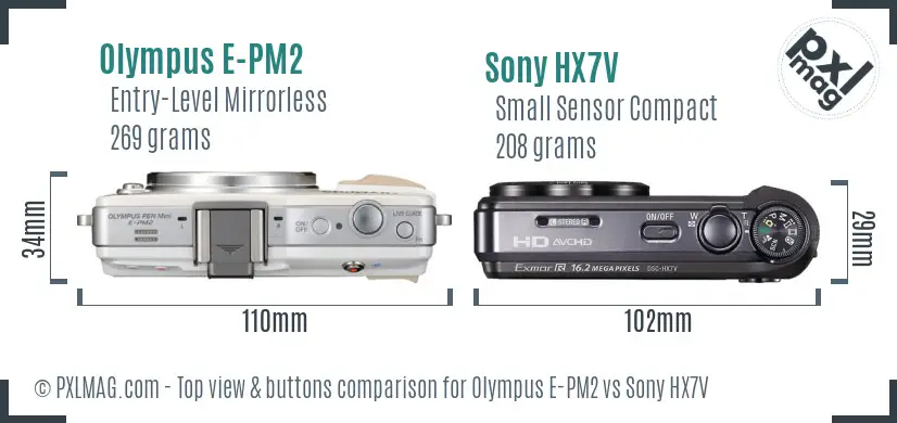 Olympus E-PM2 vs Sony HX7V top view buttons comparison