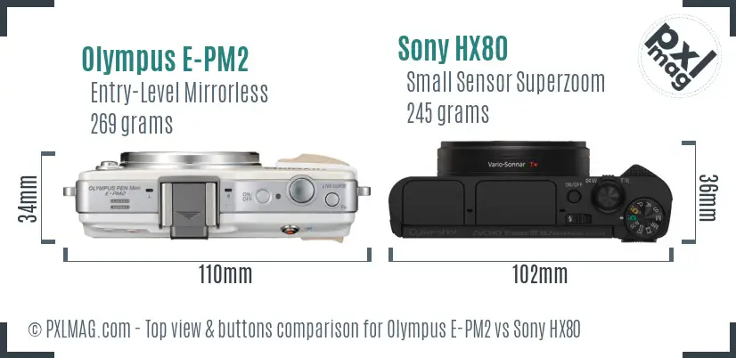 Olympus E-PM2 vs Sony HX80 top view buttons comparison