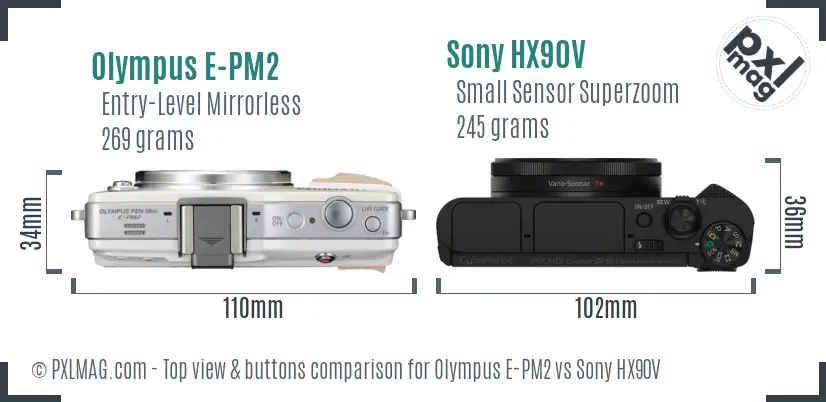 Olympus E-PM2 vs Sony HX90V top view buttons comparison