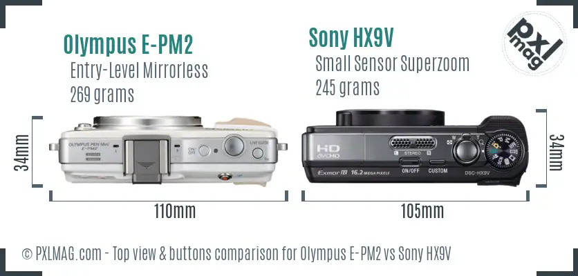 Olympus E-PM2 vs Sony HX9V top view buttons comparison