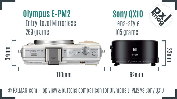 Olympus E-PM2 vs Sony QX10 top view buttons comparison Olympus E-PM2 vs Sony QX10 top view buttons comparison