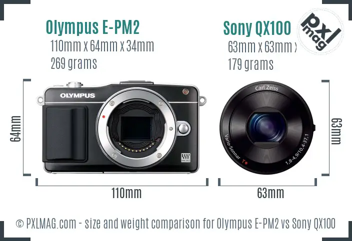 Olympus E-PM2 vs Sony QX100 size comparison