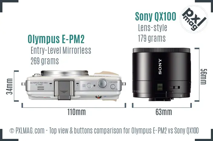 Olympus E-PM2 vs Sony QX100 top view buttons comparison