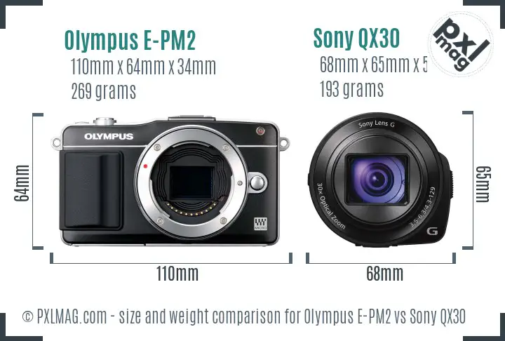 Olympus E-PM2 vs Sony QX30 size comparison