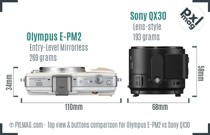 Olympus E-PM2 vs Sony QX30 top view buttons comparison