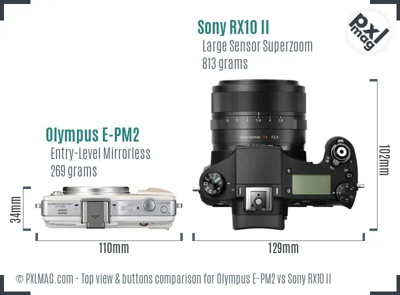 Olympus E-PM2 vs Sony RX10 II top view buttons comparison