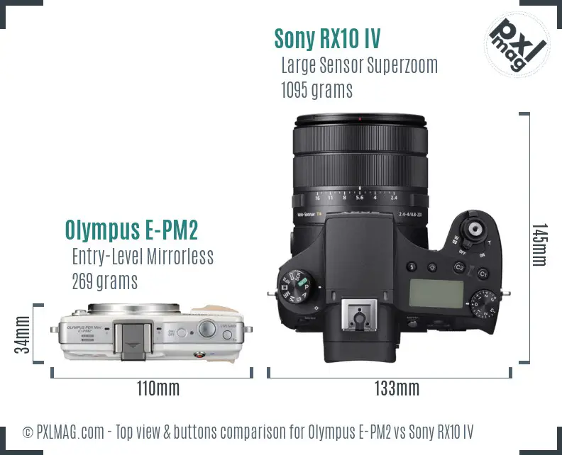 Olympus E-PM2 vs Sony RX10 IV top view buttons comparison
