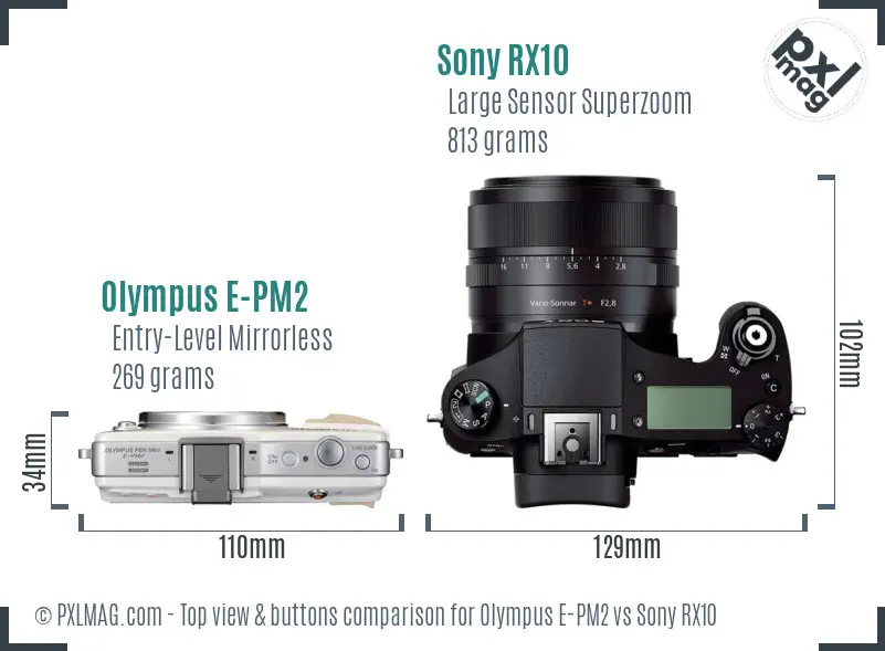 Olympus E-PM2 vs Sony RX10 top view buttons comparison