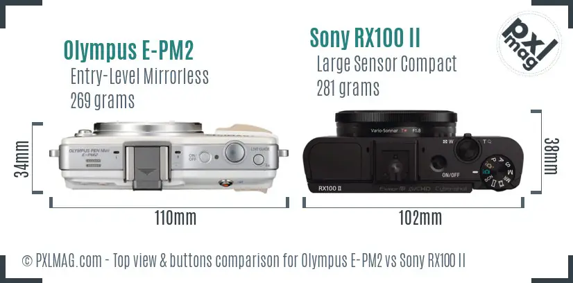 Olympus E-PM2 vs Sony RX100 II top view buttons comparison