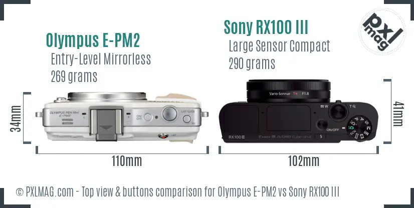 Olympus E-PM2 vs Sony RX100 III top view buttons comparison