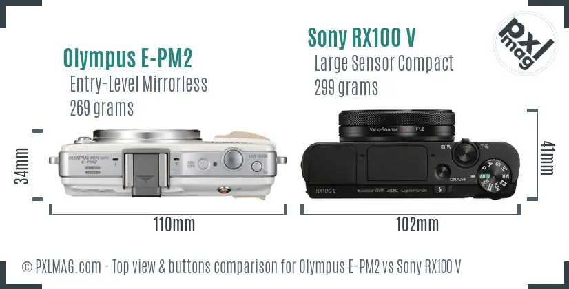 Olympus E-PM2 vs Sony RX100 V top view buttons comparison