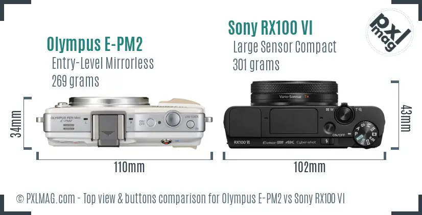 Olympus E-PM2 vs Sony RX100 VI top view buttons comparison Olympus E-PM2 vs Sony RX100 VI top view buttons comparison