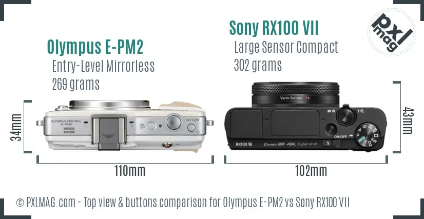 Olympus E-PM2 vs Sony RX100 VII top view buttons comparison Olympus E-PM2 vs Sony RX100 VII top view buttons comparison