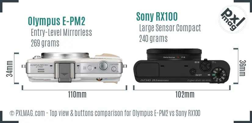 Olympus E-PM2 vs Sony RX100 top view buttons comparison Olympus E-PM2 vs Sony RX100 top view buttons comparison