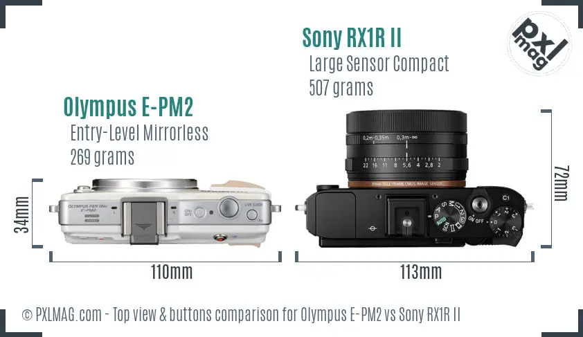 Olympus E-PM2 vs Sony RX1R II top view buttons comparison