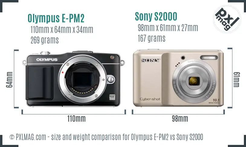 Olympus E-PM2 vs Sony S2000 size comparison Olympus E-PM2 vs Sony S2000 size comparison