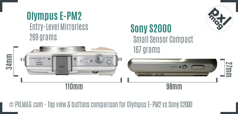 Olympus E-PM2 vs Sony S2000 top view buttons comparison Olympus E-PM2 vs Sony S2000 top view buttons comparison