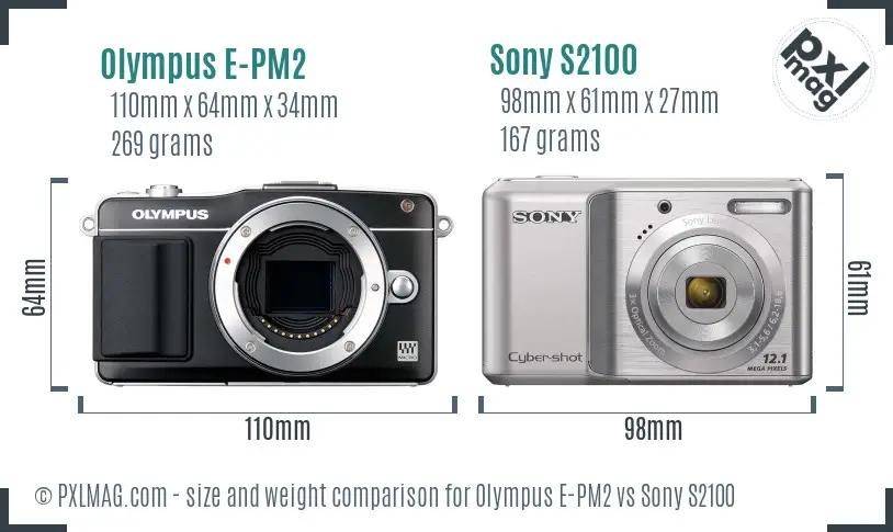 Olympus E-PM2 vs Sony S2100 size comparison