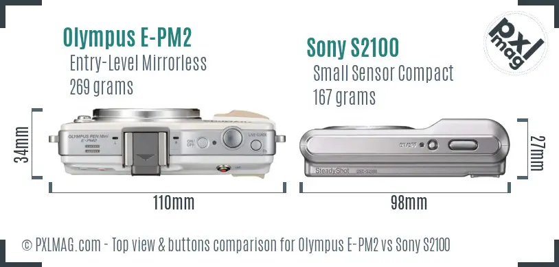 Olympus E-PM2 vs Sony S2100 top view buttons comparison