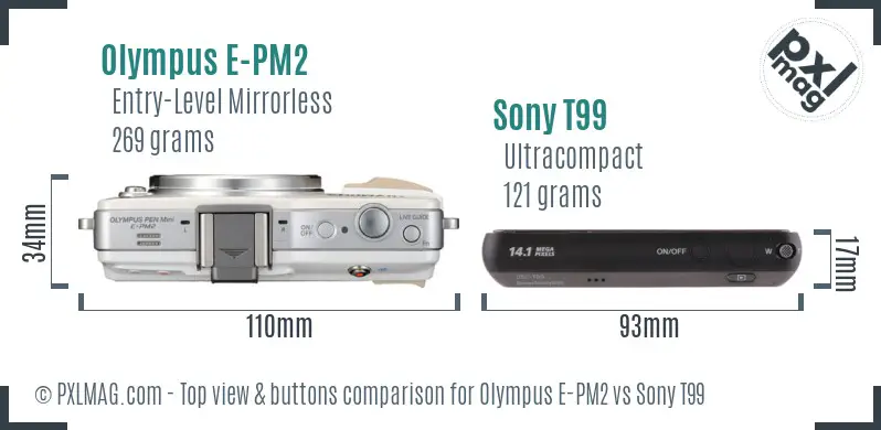Olympus E-PM2 vs Sony T99 top view buttons comparison Olympus E-PM2 vs Sony T99 top view buttons comparison