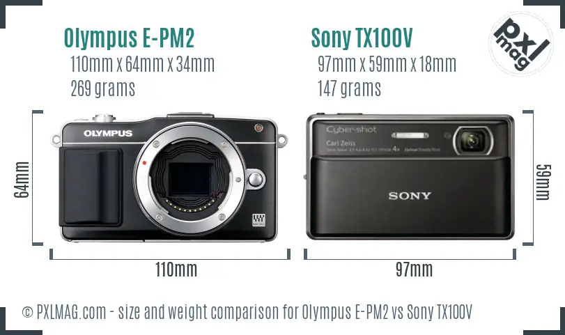 Olympus E-PM2 vs Sony TX100V size comparison Olympus E-PM2 vs Sony TX100V size comparison
