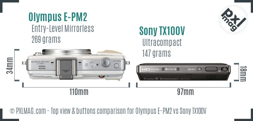 Olympus E-PM2 vs Sony TX100V top view buttons comparison Olympus E-PM2 vs Sony TX100V top view buttons comparison