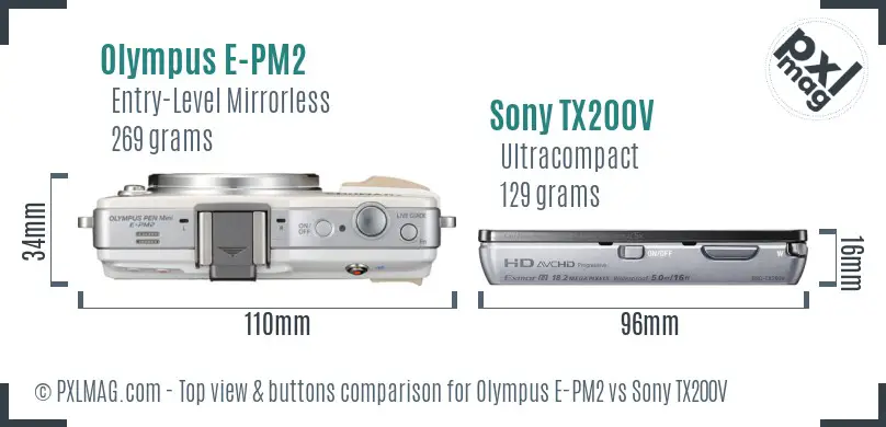 Olympus E-PM2 vs Sony TX200V top view buttons comparison Olympus E-PM2 vs Sony TX200V top view buttons comparison