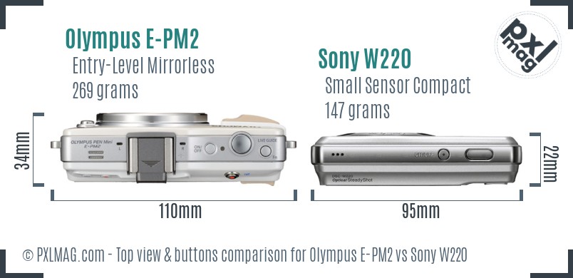 Olympus E-PM2 vs Sony W220 top view buttons comparison
