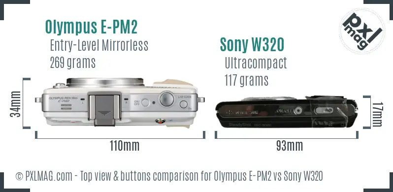 Olympus E-PM2 vs Sony W320 top view buttons comparison Olympus E-PM2 vs Sony W320 top view buttons comparison