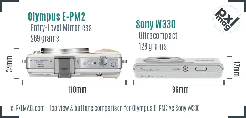 Olympus E-PM2 vs Sony W330 top view buttons comparison