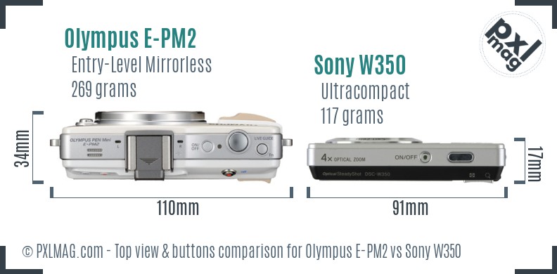 Olympus E-PM2 vs Sony W350 top view buttons comparison