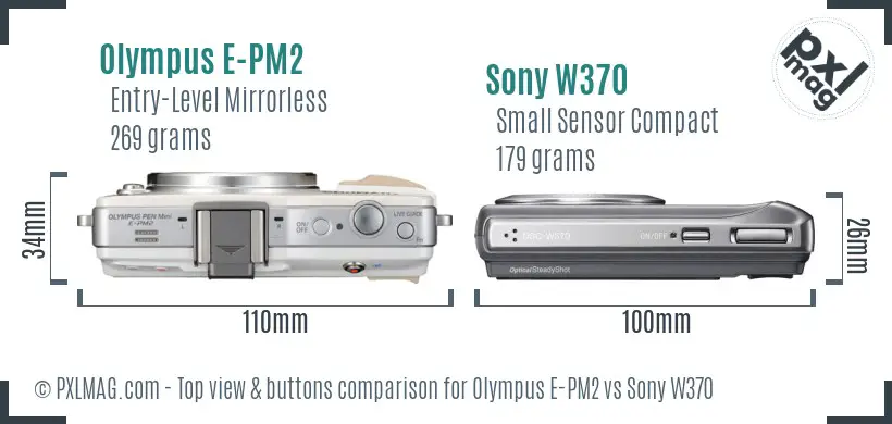 Olympus E-PM2 vs Sony W370 top view buttons comparison