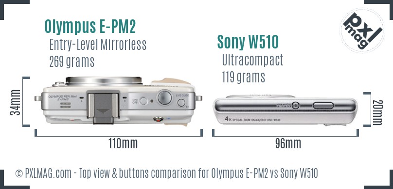 Olympus E-PM2 vs Sony W510 top view buttons comparison